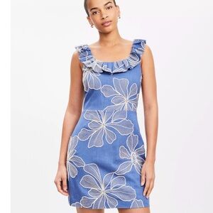 LOFT Floral Embroidered Ruffle Neck Mini Dress